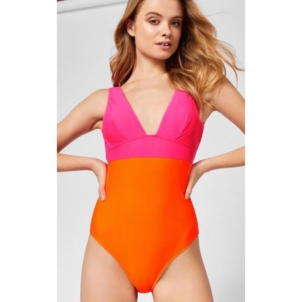 Ted Baker One Piece Swimsuit Womens Pink Orange Colorblock V-Neck Good
